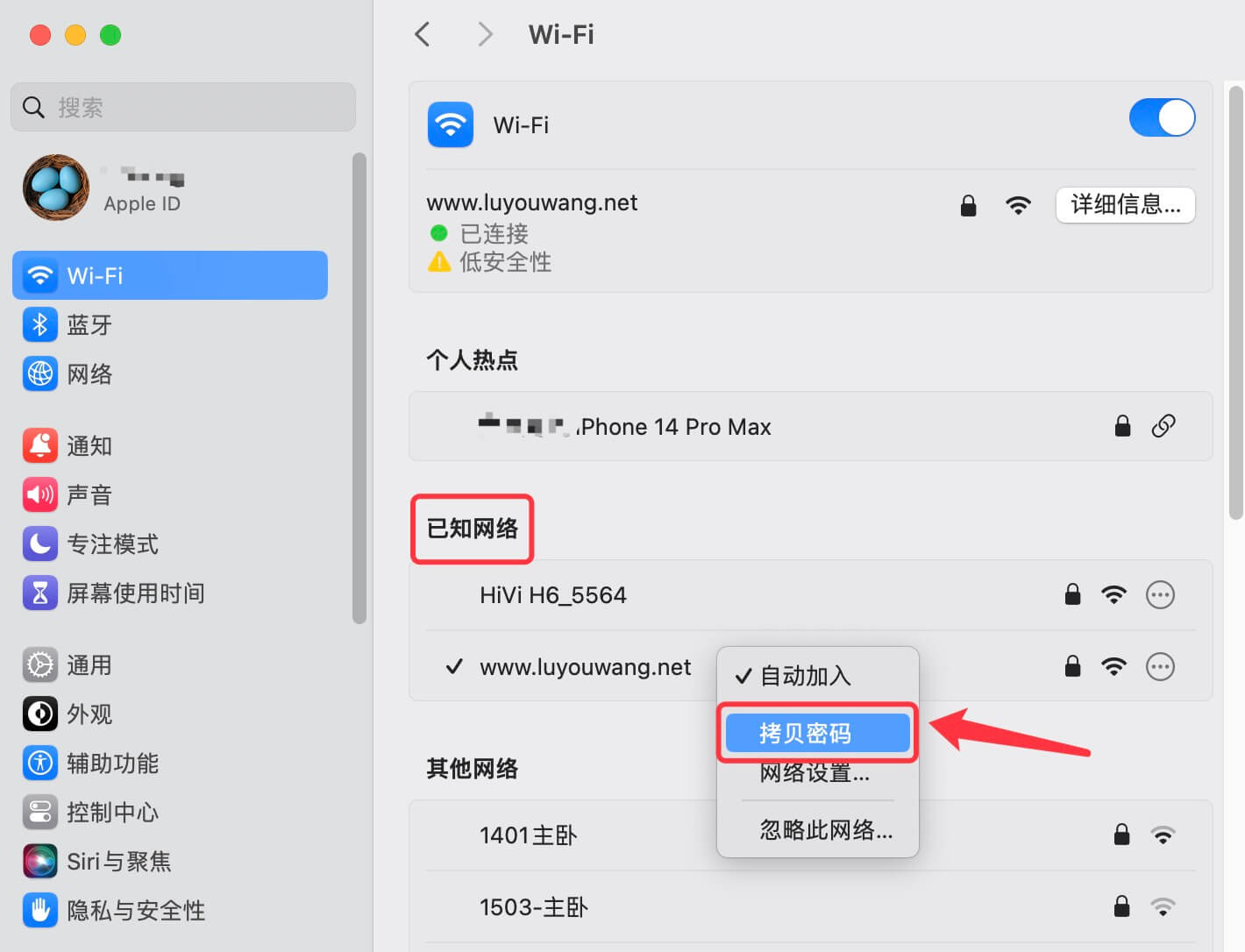 苹果wifi已连接但忘了密码怎么查看？