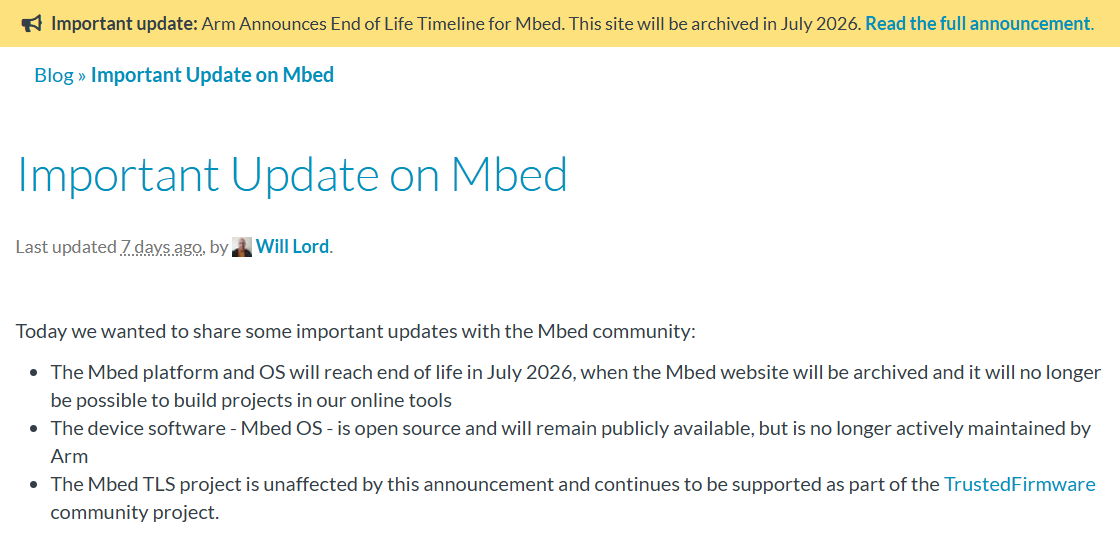 arm 旗下热门开源嵌入式操作系统 mbed os 将于 2026 年 7 月结束官方维护