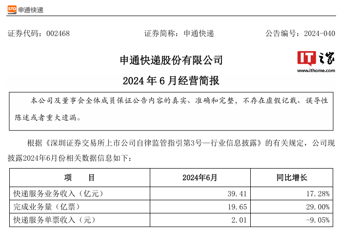 顺丰、申通、圆通、韵达发布 6 月简报，速运 / 快递收入全线上涨