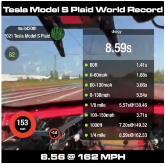 8.56秒！特斯拉model s plaid刷新电动汽车 1/4 英里加速赛纪录